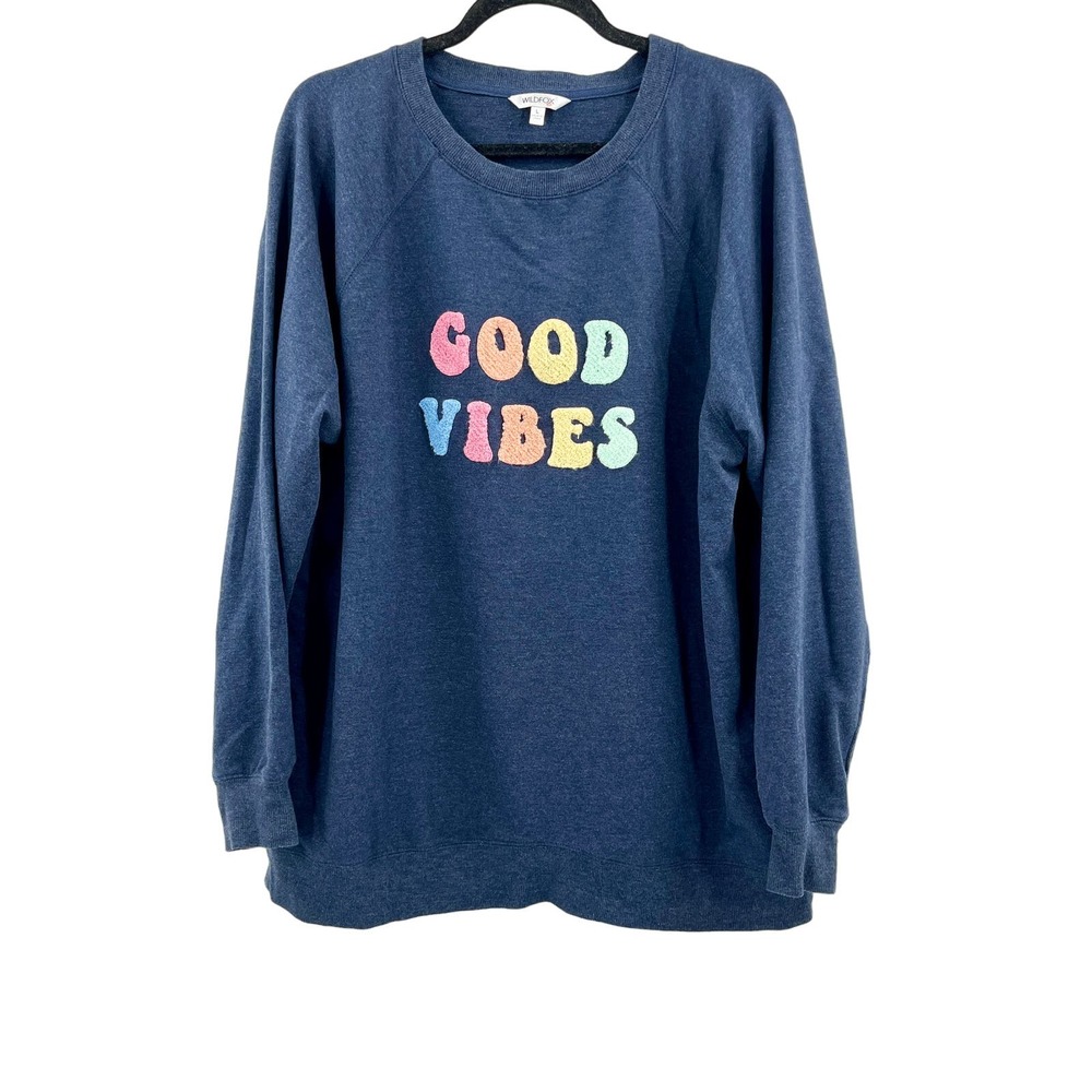 Wild Fox Good Vibes Crewneck Sweater Colorful Textured Spell Out Sweatshirt